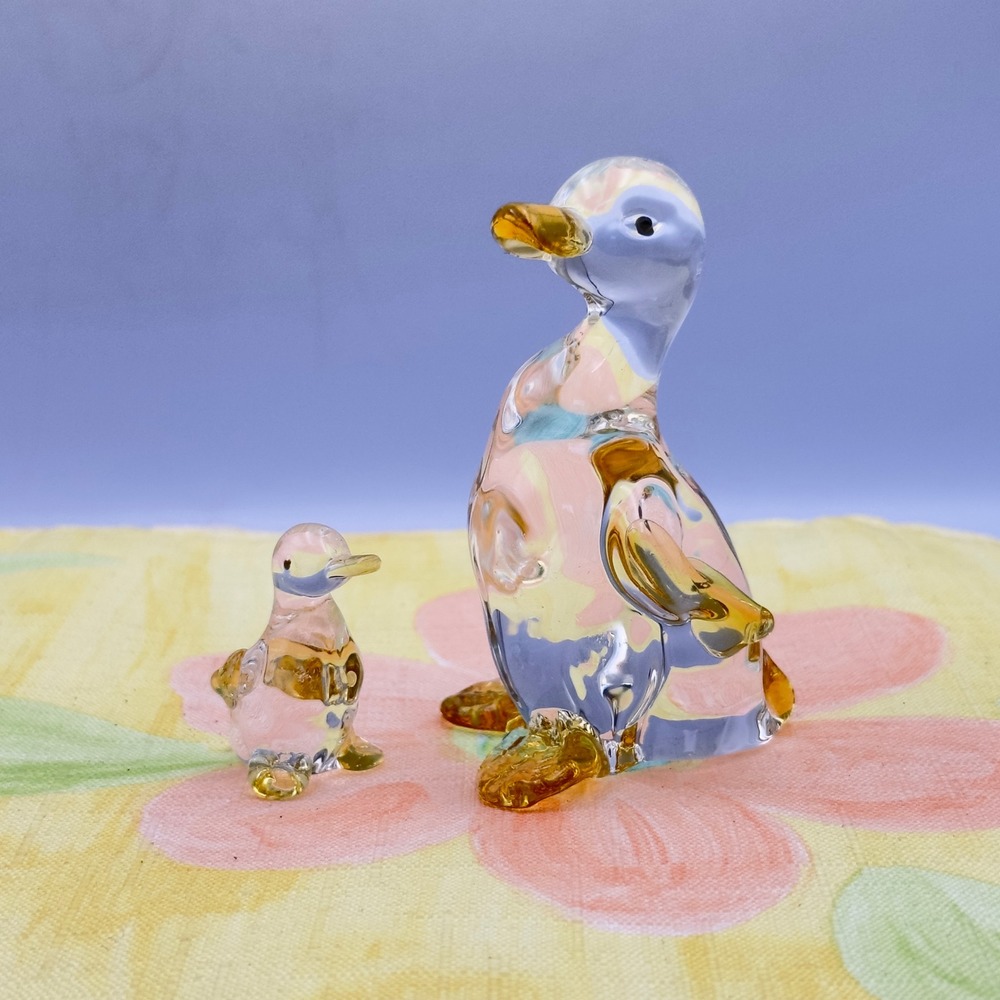 Handmade Glass Art Glass Duck Figurine Set Amber Clear Miniature Decor